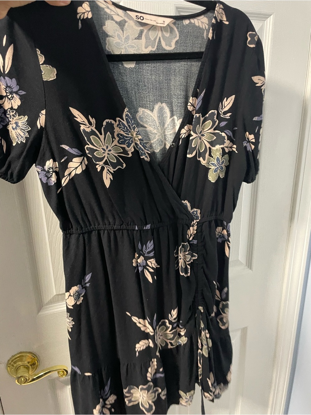 SO Black Floral Midi Wrap Dress with Cream and Lavender Accents